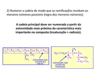 2) Numerar a cadeia de modo que as ramificações recebam os
menores números possíveis (regra dos menores números);
A cadeia principal deve ser numerada a partir da
extremidade mais próxima da característica mais
importante no composto (insaturação > radicais).
 
