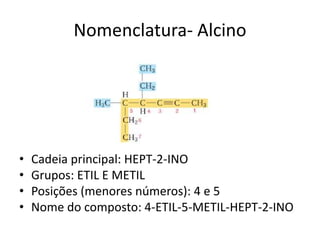 Nomenclatura- Alcino
• Cadeia principal: HEPT-2-INO
• Grupos: ETIL E METIL
• Posições (menores números): 4 e 5
• Nome do composto: 4-ETIL-5-METIL-HEPT-2-INO
 