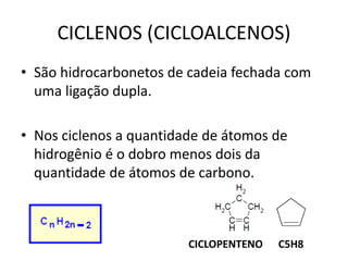 CICLENOS (CICLOALCENOS)
• São hidrocarbonetos de cadeia fechada com
uma ligação dupla.
• Nos ciclenos a quantidade de átomos de
hidrogênio é o dobro menos dois da
quantidade de átomos de carbono.
CICLOPENTENO C5H8
 