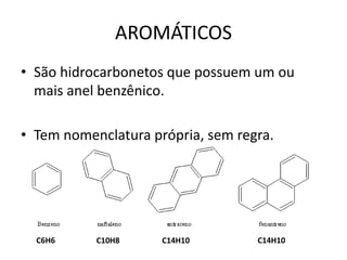 AROMÁTICOS
• São hidrocarbonetos que possuem um ou
mais anel benzênico.
• Tem nomenclatura própria, sem regra.
C6H6 C10H8 C14H10 C14H10
 
