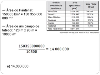 → Área do Pantanal:
150355 km² = 150 355 000
000 m²
→ Área de um campo de
futebol: 120 m x 90 m =
10800 m²
e) 14.000.000
 