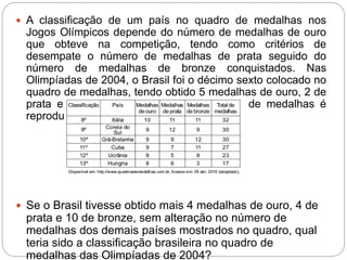  A classificação de um país no quadro de medalhas nos
Jogos Olímpicos depende do número de medalhas de ouro
que obteve na competição, tendo como critérios de
desempate o número de medalhas de prata seguido do
número de medalhas de bronze conquistados. Nas
Olimpíadas de 2004, o Brasil foi o décimo sexto colocado no
quadro de medalhas, tendo obtido 5 medalhas de ouro, 2 de
prata e 3 de bronze. Parte desse quadro de medalhas é
reproduzida a seguir.
 Se o Brasil tivesse obtido mais 4 medalhas de ouro, 4 de
prata e 10 de bronze, sem alteração no número de
medalhas dos demais países mostrados no quadro, qual
teria sido a classificação brasileira no quadro de
medalhas das Olimpíadas de 2004?
 