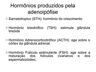 Hormônios produzidos pela
adenoipófise
o Samatotropico (STH): hormônio do crescimento
o Hormônio tireotrófico (TSH): estimula glândula
tireóide
o Hormônio Adrenocorticotrófico (ACTH): age sobre o
córtex da glândula adrenal;
o Hormônio Folículo estimulante (FSH): age sobre a
maturação dos folículos ovarianos e dos
espermatozóides;
 