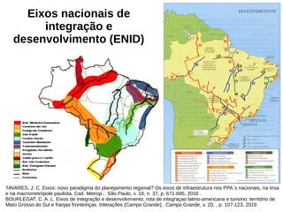 Eixos nacionais de
integração e
desenvolvimento (ENID)
TAVARES, J. C. Eixos: novo paradigma do planejamento regional? Os eixos de infraestrutura nos PPA´s nacionais, na Iirsa
e na macrometrópole paulista. Cad. Metrop., São Paulo, v. 18, n. 37, p. 671-695, 2016 .
BOURLEGAT, C. A. L. Eixos de integração e desenvolvimento, rota de integraçao latino-americana e turismo: território de
Mato Grosso do Sul e franjas fronteiriças. Interações (Campo Grande), Campo Grande, v. 20, , p. 107-123, 2019
 
