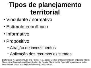 Tipos de planejamento
territorial
●
Vinculante / normativo
●
Estímulo econômico
●
Informativo
●
Propositivo
– Atração de investimentos
– Aplicação dos recursos existentes
Stefanović, N., Josimović, B. and Hristić, N.D., 2018. Models of Implementation of Spatial Plans:
Theoretical Approach and Case Studies for Spatial Plans for the Special Purpose Area. In An
Overview of Urban and Regional Planning. IntechOpen.
 