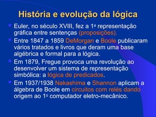 História e evolução da lógica
História e evolução da lógica
 Euler, no século XVIII, fez a 1a
representação
gráfica entre sentenças (proposições).
 Entre 1847 a 1859 DeMorgan e Boole publicaram
vários tratados e livros que deram uma base
algébrica e formal para a lógica.
 Em 1879, Fregue provoca uma revolução ao
desenvolver um sistema de representação
simbólica: a lógica de predicados.
 Em 1937/1938 Nakashima e Shannon aplicam a
álgebra de Boole em circuitos com relés dando
origem ao 1o
computador eletro-mecânico.
 