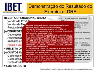 RECEITA OPERACIONAL BRUTAVendas de ProdutosVendas de MercadoriasPrestação de Serviços 
(-) DEDUÇÕES DA RECEITA BRUTADevoluções de VendasAbatimentos (descontos incondicionaisImpostos e Contribuições Incidentes sobre Vendas 
Ajuste a valor presente 
= RECEITA OPERACIONAL LÍQUIDA 
(-) CUSTOS DAS VENDASCusto dos Produtos VendidosCusto das MercadoriasCusto dos Serviços Prestados 
= LUCRO BRUTO 
Lei 12.973/14 (alteração do Decreto-Lei 1.598/77): 
“Art. 12. A receita bruta compreende: 
I -o produto da venda de bens nas operações de conta própria; 
II -o preço da prestação de serviços em geral; 
III -o resultado auferido nas operações de conta alheia; e 
IV -as receitas da atividade ou objeto principal da pessoa jurídica não compreendidas nos incisos I a III.” 
Demonstração do Resultado do Exercício -DRE 
Lei12.973/14(alteraçãodoDecreto- Lei1.598/77): 
“Art.12.(...) 
§1oAreceitalíquidaseráareceitabrutadiminuídade: 
I-devoluçõesevendascanceladas; 
II-descontosconcedidosincondicionalmente; 
III-tributossobreelaincidentes;e 
IV-valoresdecorrentesdoajusteavalorpresente,dequetrataoincisoVIIIdocaputdoart.183daLeino6.404,de15dedezembrode1976, dasoperaçõesvinculadasàreceitabruta.” 
Professor Fabrício C. R. Campos –E-mail: fabricioccampos@yahoo.com.br 
Pergunta:houvealteraçãonadefiniçãodeReceitaBruta? 
Resposta:apenasparainstituiçõesfinanceiras. 
VideLei9.430/96(comalteraçõesdaLei12.973/14): 
“Art.25.Olucropresumidoseráomontantedeterminadopelasomadasseguintesparcelas: 
I-ovalorresultantedaaplicaçãodospercentuaisdequetrataoart.15daLeinº9.249,de26dedezembrode1995, sobreareceitabrutadefinidapeloart.12doDecreto-Leinº1.598,de26dedezembrode1977,auferidanoperíododeapuraçãodequetrataoart.1o,deduzidadasdevoluçõesevendascanceladasedosdescontosincondicionaisconcedidos;e 
II-osganhosdecapital,osrendimentoseganhoslíquidosauferidosemaplicaçõesfinanceiras,asdemaisreceitas,osresultadospositivosdecorrentesdereceitasnãoabrangidaspeloincisoI,comosrespectivosvaloresdecorrentesdoajusteavalorpresentedequetrataoincisoVIIIdocaputdoart.183daLeino6.404,de15dedezembrode1976,edemaisvaloresdeterminadosnestaLei,auferidosnaquelemesmoperíodo.”  