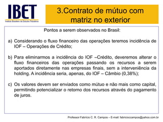 Pontos a serem observados no Brasil: 
a)ConsiderandoofluxofinanceirodasoperaçõesteremosincidênciadeIOF–OperaçõesdeCrédito; 
b)ParaeliminarmosaincidênciadoIOF–Crédito,deveremosalterarofluxofinanceirosdasoperaçõespassandoosrecursosaseremaportadosdiretamentenasempresasfinais,semainterveniênciadaholding.Aincidênciaseria,apenas,doIOF–Câmbio(0,38%); 
c)Osvaloresdevemserenviadoscomomútuoenãomaiscomocapital, permitindopotencializaroretornodosrecursosatravésdopagamentodejuros. 
3.Contrato de mútuo com matriz no exterior 
Professor Fabrício C. R. Campos –E-mail: fabricioccampos@yahoo.com.br  