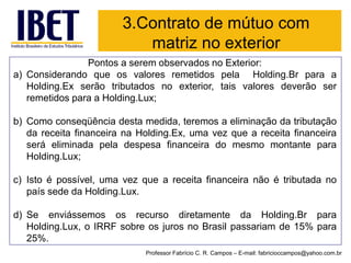 Pontos a serem observados no Exterior: 
a)ConsiderandoqueosvaloresremetidospelaHolding.BrparaaHolding.Exserãotributadosnoexterior,taisvaloresdeverãoserremetidosparaaHolding.Lux; 
b)Comoconseqüênciadestamedida,teremosaeliminaçãodatributaçãodareceitafinanceiranaHolding.Ex,umavezqueareceitafinanceiraseráeliminadapeladespesafinanceiradomesmomontanteparaHolding.Lux; 
c)Istoépossível,umavezqueareceitafinanceiranãoétributadanopaíssededaHolding.Lux. 
d)SeenviássemososrecursodiretamentedaHolding.BrparaHolding.Lux,oIRRFsobreosjurosnoBrasilpassariamde15%para25%. 
3.Contrato de mútuo com matriz no exterior 
Professor Fabrício C. R. Campos –E-mail: fabricioccampos@yahoo.com.br  