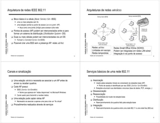 Arquitetura de redes IEEE 802.11                                                                                                            Arquiteturas de redes wireless

                                                              !   Bloco básico é a célula (Basic Service Set - BSS)
                                                                    " uma ou mais estações sem fio
                                                                    " uma estação central ou ponto de acesso (access point - AP)
                                                                       " Atua como uma ponte (bridge) para acessar outra rede
                                                              !   Pontos de acesso (AP) podem ser interconectados entre si para
                                                                  formar um sistema de distribuição (Distribution System - DS)
Instituto de Informática - UFRGS




                                                                                                                                            Instituto de Informática - UFRGS
                                                              !   Duas ou mais células podem ser interconectadas via um DS
                                                                    " Formam o Extended Service Set (ESS)
                                                              !   Possível criar uma BSS sem a presença AP: redes ad-hoc
                                   A. Carissimi -12/10/2009




                                                                                                                                                                               A. Carissimi -12/10/2009
                                                                                                                                                                                                              Redes ad-hoc                Redes Small Office HOme (SOHO)
                                                                                                                                                                                                              Limitadas em escopo         Podem ser integradas em redes LAN wired
                                                                                                                                                                                                              Redes temporárias           Integração é via ponto de acesso
                                                              Redes de Computadores                                                     5                                                                 Redes de Computadores                                                                  6




                                        Canais e sinalização                                                                                                                        Serviços básicos de uma rede 802.11

                                                              !   Uma estação wireless necessita se associar a um AP antes de                                                                             !    Associação
                                                                  enviar ou receber quadros                                                                                                                     " Usado pelas estações móveis se conectarem às estações base (AP)
                                                                                                                                                                                                                   " Ponto de acesso é identificado por seu SSID (Service Set IDentifier)
                                                              !   Cada AP possui:
                                                                                                                                                                                                                " Estações anunciam sua identidade e recursos (taxa de dados, PCF, energia...)
                                                                    " SSID (Service Set IDentifier)
                                                                                                                                                                                                          !    Desassociação
                                                                       " Nome que aparece em “redes disponíveis” no Microsoft Windows
                                                                    " Canal usado para transmitir e receber dados
                                                                                                                                                                                                          !    Reassociação
Instituto de Informática - UFRGS




                                                                                                                                            Instituto de Informática - UFRGS




                                                                                                                                                                                                                " Possibilidade de mudar de estação-base
                                                              !   Uma estação pode captar várias AP
                                                                                                                                                                                                          !    Distribuição
                                                                    " Necessário se associar a apenas uma para criar um “fio virtual”
                                                                                                                                                                                                                " Reencaminhamento de quadros feito pela estação-base
                                                              !   Procedimentos realizados através de serviços                                                                                                 Integração
                                   A. Carissimi -12/10/2009




                                                                                                                                                                               A. Carissimi -12/10/2009




                                                                                                                                                                                                          !
                                                                                                                                                                                                                " Reencaminhamento de quadros entre uma rede 802.11 e uma rede fixa (802.xx)



                                                              Redes de Computadores                                                     7                                                                 Redes de Computadores                                                                  8
 