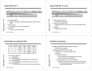 Quadro IEEE 802.11                                                                                                                                           Quadro IEEE 802.11 (cont.)
Instituto de Informática - UFRGS




                                                                                                                                                             Instituto de Informática - UFRGS
                                                              !   Campo tipo e subtipo:                                                                                                                                    !   Campo duração do quadro (D)
                                                                   " Distinção entre quadros de sinalização e gerenciamento, RTS, CTS, ACK e                                                                                    " Duração da reserva do canal
                                                                     dados                                                                                                                                                 !   Campo número de seqüência (SC)
                                                              !   Campos to e from                                                                                                                                              " Para identificar se um quadro é novo ou se é uma retransmissão (controle
                                   A. Carissimi -12/10/2009




                                                                                                                                                                                                A. Carissimi -12/10/2009
                                                                                                                                                                                                                                  fluxo)
                                                                   " Dão significado para os quatro endereços MAC
                                                                                                                                                                                                                           !   Campo FCS
                                                              !   Campo WEP
                                                                                                                                                                                                                                " Detecção de erros (CRC 32)
                                                                   " Indica o uso ou não de criptografia

                                                              Redes de Computadores                                                                     21                                                                 Redes de Computadores                                                             22




                                        Interpretação dos endereços MAC                                                                                                                              Questões de segurança

                                                                       To DS      From DS    Addr1       Addr2      Addr3       Addr4                                                                                      !   Padrão original WEP (Wired Equivalent Privacy)
                                                                          0           0      Destino     Fonte      BSS ID       N/A                                                                                             " Problemas de vulnerabilidade
                                                                          0           1      Destino      AP         Fonte       N/A
                                                                                                                                                                                                                           !   Certificação WPA (WiFi Protect Area)
                                                                          1           0        AP        Fonte      Destino      N/A
                                                                                                                                                                                                                                 " Cifragem (TKIP – Temporal Key Integrity Protocol)
                                                                          1           1        AP         AP        Destino     Fonte
                                                                                                                                                                                                                                 " Autenticação
                                                                                                                                                                                                                                    " Enterprise: IEEE 802.11X
Instituto de Informática - UFRGS




                                                                                                                                                             Instituto de Informática - UFRGS




                                                                    Caso 1 (to ds= 0, from ds=0):
                                                                              redes ad-hoc                                                                                                                                              " Uso de servidores de autenticação para distribuir chaves
                                                                    Caso 2 (to ds=0, from ds=1):                                                                                                                                        " Extensible Authentication Protocol (EPA)
                                                                              AP intermediária entre uma transmissão de rede wired para wireless
                                                                                                                                                                                                                                    " Personal: emprego de uma Pre-Shared Key (PSK)
                                                                    Caso 3 (to ds=1, from ds=0):
                                   A. Carissimi -12/10/2009




                                                                                                                                                                                                A. Carissimi -12/10/2009




                                                                               AP intermediária entre uma transmissão de rede wireless para wired                                                                                       " Baseado no conhecimento de uma passphrase para acessar a rede
                                                                    Caso 4 (to ds=1, from d=1):                                                                                                                                            " 8 a 63 caracteres ASCII (uso de 13) armazenada no ponto de
                                                                              Duas APs intermediárias entre uma transmissão de duas estações wireless                                                                                        acesso e na estação wireless

                                                              Redes de Computadores                                                                     23                                                                 Redes de Computadores                                                             24
 