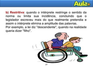 21
21
b) Restritiva: quando o intérprete restringe o sentido da
norma ou limita sua incidência, concluindo que o
legislador escreveu mais do que realmente pretendia e
assim o intérprete elimina a amplitude das palavras.
Por exemplo, a lei diz "descendente", quando na realidade
queria dizer "filho".
 
