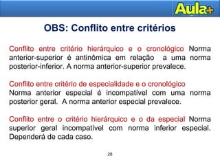 28
28
Conflito entre critério hierárquico e o cronológico Norma
anterior-superior é antinômica em relação a uma norma
posterior-inferior. A norma anterior-superior prevalece.
Conflito entre critério de especialidade e o cronológico
Norma anterior especial é incompatível com uma norma
posterior geral. A norma anterior especial prevalece.
Conflito entre o critério hierárquico e o da especial Norma
superior geral incompatível com norma inferior especial.
Dependerá de cada caso.
OBS: Conflito entre critérios
 