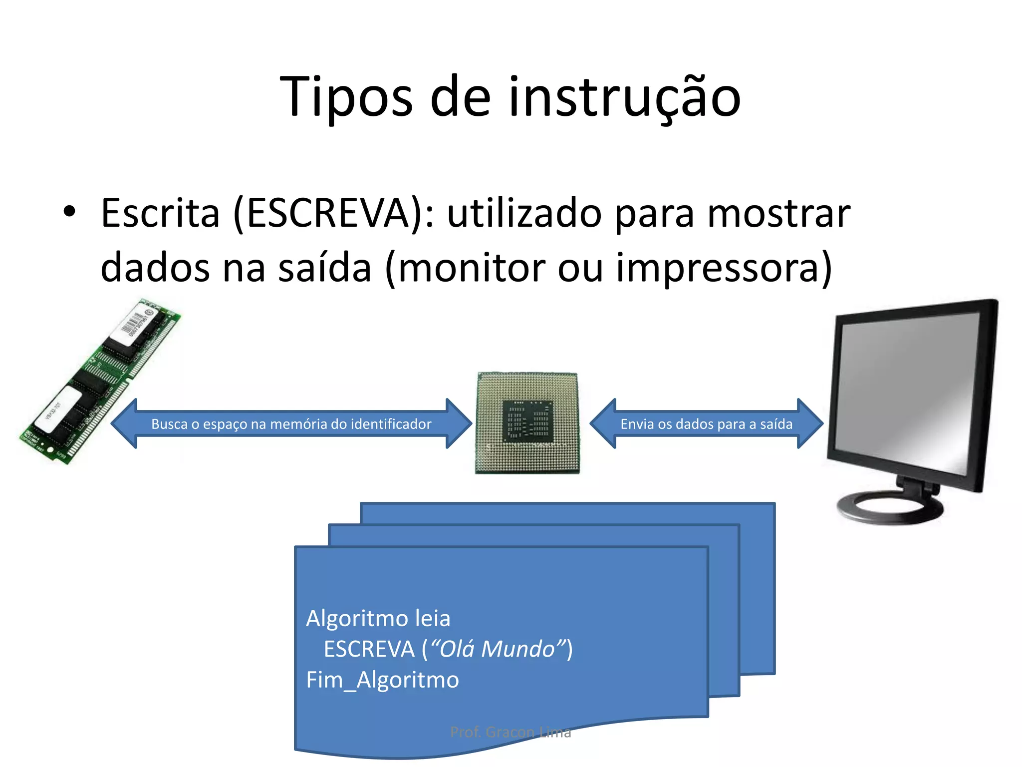 Tipos de instrução
• Escrita (ESCREVA): utilizado para mostrar
dados na saída (monitor ou impressora)
Algoritmo leia
ESCREVA (“Olá Mundo”)
Fim_Algoritmo
Busca o espaço na memória do identificador Envia os dados para a saída
Prof. Gracon Lima
 