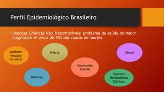 Perfil Epidemiológico Brasileiro
• Doenças Crônicas Não Transmissíveis: problema de saúde de maior
magnitude à cerca de 70% das causas de mortes
Acidente
Vascular
Cerebral
Infarto
Hipertensão
Arterial
Câncer
Diabetes
Doenças
Respiratórias
Crônicas
 