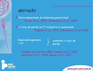 Hiperandrogenismo ↑  LH aumenta o risco de  perda Stanger and Yovich, 1985; Howles  et al ., 1987; Homburg  et al.,   1988; Regan  et al ., 1990 Risco aumentado de diabetes gestacional   Radon et al., 1999; Vollenhoven et al., 2000 A taxa de perda no 1º trimestre é aumentada   Tulppala  et al.,  1993; Jakubowicz  et al,  2002 GESTAÇÃO 