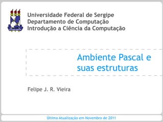 Universidade Federal de Sergipe
Departamento de Computação
Introdução a Ciência da Computação




                        Ambiente Pascal e
                        suas estruturas

Felipe J. R. Vieira




        Última Atualização em Novembro de 2011
 