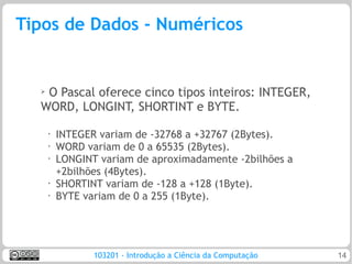 Tipos de Dados - Numéricos


  ➢
   O Pascal oferece cinco tipos inteiros: INTEGER,
  WORD, LONGINT, SHORTINT e BYTE.
      •
          INTEGER variam de -32768 a +32767 (2Bytes).
      •
          WORD variam de 0 a 65535 (2Bytes).
      •   LONGINT variam de aproximadamente -2bilhões a
          +2bilhões (4Bytes).
      •
          SHORTINT variam de -128 a +128 (1Byte).
      •   BYTE variam de 0 a 255 (1Byte).




                 103201 - Introdução a Ciência da Computação   14
 