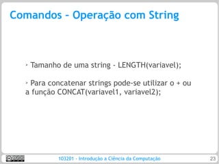 Comandos – Operação com String



  ➢   Tamanho de uma string - LENGTH(variavel);

  ➢Para concatenar strings pode-se utilizar o + ou
  a função CONCAT(variavel1, variavel2);




             103201 - Introdução a Ciência da Computação   23
 