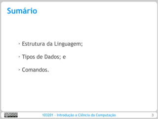 Sumário


  ➢
      Estrutura da Linguagem;

  ➢   Tipos de Dados; e

  ➢   Comandos.




             103201 - Introdução a Ciência da Computação   3
 