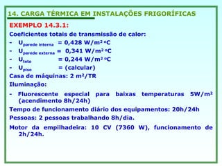 14. CARGA TÉRMICA EM INSTALAÇÕES FRIGORÍFICAS
EXEMPLO 14.3.1:
Coeficientes totais de transmissão de calor:
- Uparede interna = 0,428 W/m2 oC
- Uparede externa = 0,341 W/m2 oC
- Uteto = 0,244 W/m2 oC
- Upiso = (calcular)
Casa de máquinas: 2 m2/TR
Iluminação:
- Fluorescente especial para baixas temperaturas 5W/m2
(acendimento 8h/24h)
Tempo de funcionamento diário dos equipamentos: 20h/24h
Pessoas: 2 pessoas trabalhando 8h/dia.
Motor da empilhadeira: 10 CV (7360 W), funcionamento de
2h/24h.
 