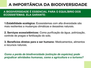 A IMPORTÂNCIA DA BIODIVERSIDADE
A BIODIVERSIDADE É ESSENCIAL PARA O EQUILÍBRIO DOS
ECOSSISTEMAS. ELA GARANTE:
1.Estabilidade ecológica: Ecossistemas com alta diversidade são
mais resilientes a mudanças climáticas e desastres naturais.
2. Serviços ecossistêmicos: Como purificação da água, polinização,
controle de pragas e fertilização do solo.
3. Benefícios diretos para o ser humano: Medicamentos, alimentos
e recursos naturais.
Como a perda de biodiversidade (extinção de espécies) pode
prejudicar atividades humanas, como a agricultura e o turismo?
 