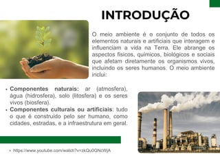 INTRODUÇÃO
O meio ambiente é o conjunto de todos os
elementos naturais e artificiais que interagem e
influenciam a vida na Terra. Ele abrange os
aspectos físicos, químicos, biológicos e sociais
que afetam diretamente os organismos vivos,
incluindo os seres humanos. O meio ambiente
inclui:
Componentes naturais: ar (atmosfera),
água (hidrosfera), solo (litosfera) e os seres
vivos (biosfera).
Componentes culturais ou artificiais: tudo
o que é construído pelo ser humano, como
cidades, estradas, e a infraestrutura em geral.
https://www.youtube.com/watch?v=zkQu0QNcWjA
 