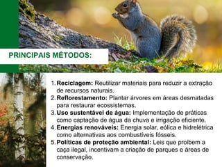 PRINCIPAIS MÉTODOS:
Reciclagem: Reutilizar materiais para reduzir a extração
de recursos naturais.
1.
Reflorestamento: Plantar árvores em áreas desmatadas
para restaurar ecossistemas.
2.
Uso sustentável de água: Implementação de práticas
como captação de água da chuva e irrigação eficiente.
3.
Energias renováveis: Energia solar, eólica e hidrelétrica
como alternativas aos combustíveis fósseis.
4.
Políticas de proteção ambiental: Leis que proíbem a
caça ilegal, incentivam a criação de parques e áreas de
conservação.
5.
 