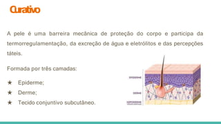 C
urativo
A pele é uma barreira mecânica de proteção do corpo e participa da
termorregulamentação, da excreção de água e eletrólitos e das percepções
táteis.
Formada por três camadas:
★ Epiderme;
★ Derme;
★ Tecido conjuntivo subcutâneo.
 