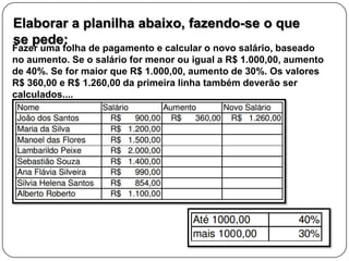 Elaborar a planilha abaixo, fazendo-se o que
se pede:
Fazer uma folha de pagamento e calcular o novo salário, baseado
no aumento. Se o salário for menor ou igual a R$ 1.000,00, aumento
de 40%. Se for maior que R$ 1.000,00, aumento de 30%. Os valores
R$ 360,00 e R$ 1.260,00 da primeira linha também deverão ser
calculados....
 