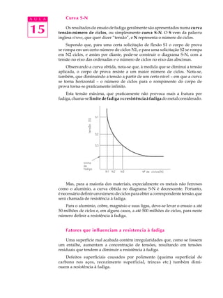 A U L A       Curva S-N


15            Os resultados do ensaio de fadiga geralmente são apresentados numa curva
          tensão-número de ciclos, ou simplesmente curva S-N. O S vem da palavra
          inglesa stress, que quer dizer “tensão”, e N representa o número de ciclos.
               Supondo que, para uma certa solicitação de flexão S1 o corpo de prova
          se rompa em um certo número de ciclos N1, e para uma solicitação S2 se rompa
          em N2 ciclos, e assim por diante, pode-se construir o diagrama S-N, com a
          tensão no eixo das ordenadas e o número de ciclos no eixo das abscissas.
              Observando a curva obtida, nota-se que, à medida que se diminui a tensão
          aplicada, o corpo de prova resiste a um maior número de ciclos. Nota-se,
          também, que diminuindo a tensão a partir de um certo nível – em que a curva
          se torna horizontal – o número de ciclos para o rompimento do corpo de
          prova torna-se praticamente infinito.
              Esta tensão máxima, que praticamente não provoca mais a fratura por
          fadiga, chama-se limite de fadiga ou resistência à fadiga do metal considerado.




              Mas, para a maioria dos materiais, especialmente os metais não ferrosos
          como o alumínio, a curva obtida no diagrama S-N é decrescente. Portanto,
          é necessário definir um número de ciclos para obter a correspondente tensão, que
          será chamada de resistência à fadiga.
              Para o alumínio, cobre, magnésio e suas ligas, deve-se levar o ensaio a até
          50 milhões de ciclos e, em alguns casos, a até 500 milhões de ciclos, para neste
          número definir a resistência à fadiga.


              Fatores que influenciam a resistencia à fadiga

              Uma superfície mal acabada contém irregularidades que, como se fossem
          um entalhe, aumentam a concentração de tensões, resultando em tensões
          residuais que tendem a diminuir a resistência à fadiga.
              Defeitos superficiais causados por polimento (queima superficial de
          carbono nos aços, recozimento superficial, trincas etc.) também dimi-
          nuem a resistência à fadiga.
 