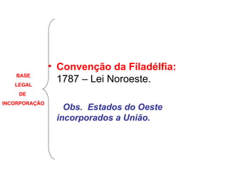 Convenção da Filadélfia: 1787 – Lei Noroeste. Obs.  Estados do Oeste incorporados a União. BASE LEGAL DE INCORPORAÇÃO 