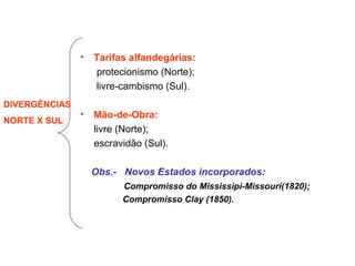 Tarifas alfandegárias: protecionismo (Norte); livre-cambismo (Sul). Mão-de-Obra: livre (Norte); escravidão (Sul). Obs.-  Novos Estados incorporados: Compromisso do Mississipi-Missouri(1820); Compromisso Clay (1850). DIVERGÊNCIAS NORTE X SUL 