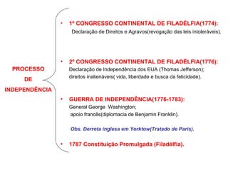 1º CONGRESSO CONTINENTAL DE FILADÉLFIA(1774): Declaração de Direitos e Agravos(revogação das leis intoleráveis). 2º CONGRESSO CONTINENTAL DE FILADÉLFIA(1776): Declaração de Independência dos EUA (Thomas Jefferson); direitos inalienáveis( vida, liberdade e busca da felicidade). GUERRA DE INDEPENDÊNCIA(1776-1783): General George  Washington; apoio francês(diplomacia de Benjamin Franklin). Obs. Derrota inglesa em Yorktow(Tratado de Paris). 1787 Constituição Promulgada (Filadélfia). PROCESSO DE INDEPENDÊNCIA 