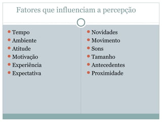 Fatores que influenciam a percepção
Tempo
Ambiente
Atitude
Motivação
Experiência
Expectativa
Novidades
Movimento
Sons
Tamanho
Antecedentes
Proximidade
 