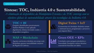 E N C E R R A M E N T O
Síntese: TOC, Indústria 4.0 e Sustentabilidade
A eliminação de desperdícios da Manufatura Enxuta e da TOC converge com os
objetivos globais de sustentabilidade através das tecnologias da Indústria 4.0.
TOC + BI
Gargalos identificados proativamente.
Tambor-Pulmão-Corda aplicado
digitalmente elimina inventário oculto e
desperdício energético.
Digital Twins + IoT
Ecossistemas de simulação dinâmica testam
e otimizam layout, programação e processos
sem impacto físico.
MAS + Blockchain
Agentes autónomos decidem em tempo real;
blockchain garante rastreabilidade imutável
da Pegada de Carbono.
Green OEE + KPIs
Correlação entre paragens produtivas e
Intensidade Energética orienta decisões
sustentáveis baseadas em dados.
Gestão da Produção | Prof. Celso Napoleon
 