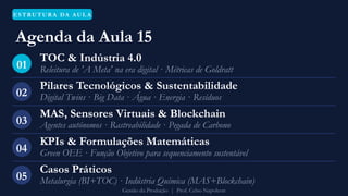 E S T R U T U R A DA A U L A
Agenda da Aula 15
01
TOC & Indústria 4.0
Releitura de 'A Meta' na era digital · Métricas de Goldratt
02
Pilares Tecnológicos & Sustentabilidade
Digital Twins · Big Data · Água · Energia · Resíduos
03
MAS, Sensores Virtuais & Blockchain
Agentes autónomos · Rastreabilidade · Pegada de Carbono
04
KPIs & Formulações Matemáticas
Green OEE · Função Objetivo para sequenciamento sustentável
05
Casos Práticos
Metalurgia (BI+TOC) · Indústria Química (MAS+Blockchain)
Gestão da Produção | Prof. Celso Napoleon
 