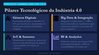 M Ó D U L O I I · G A R R E L L ( 2 0 2 3 , C A P. 3 E 9 )
Pilares Tecnológicos da Indústria 4.0
Gémeos Digitais
Ecossistema dinâmico conectado via
IoT que testa layout e programação de
tarefas para minimizar desperdício
energético
Big Data & Integração
Integração vertical (sensor → ERP) e
horizontal (cadeia de suprimentos) para
manutenção preditiva e prevenção de
picos energéticos
IoT & Sensores
Monitorização contínua de variáveis de
processo para identificação de gargalos
e oportunidades de redução de
consumo
BI & Analytics
Painéis de controlo que cruzam OEE,
Intensidade Energética e KPIs de
sustentabilidade em tempo real
Gestão da Produção | Prof. Celso Napoleon
 