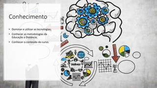 Conhecimento
• Dominar e utilizar as tecnologias;
• Conhecer as metodologias da
Educação a Distância;
• Conhecer o conteúdo do curso.
 