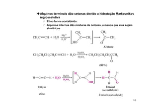 10
Alquinos terminais dão cetonas devido a hidratação Markovnikov
regiosseletiva
 Etino forma acetaldeído
 Alquinos internos dão misturas de cetonas, a menos que eles sejam
simétricos
Etanal (acetaldeído)
etino
 