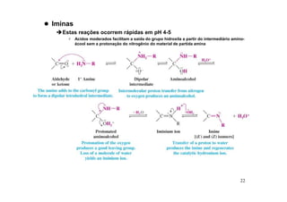 22
 Iminas
Estas reações ocorrem rápidas em pH 4-5
 Acidos moderados facilitam a saída do grupo hidroxila a partir do intermediário amino-
ácool sem a protonação do nitrogênio do material de partida amina
 