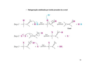 30
 Halogenação catalisada por ácido procede via o enol
 