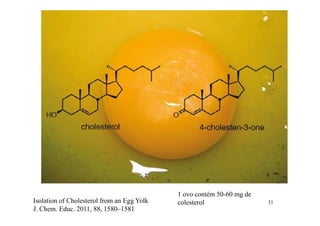 31
Isolation of Cholesterol from an Egg Yolk
J. Chem. Educ. 2011, 88, 1580–1581
1 ovo contém 50-60 mg de
colesterol
 