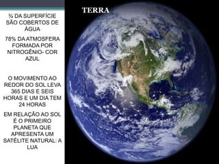 ¾ DA SUPERFÍCIE
SÃO COBERTOS DE
ÁGUA
78% DA ATMOSFERA
FORMADA POR
NITROGÊNIO- COR
AZUL
O MOVIMENTO AO
REDOR DO SOL LEVA
365 DIAS E SEIS
HORAS E UM DIA TEM
24 HORAS
EM RELAÇÃO AO SOL
É O PRIMEIRO
PLANETA QUE
APRESENTA UM
SATÉLITE NATURAL: A
LUA
TERRA
 