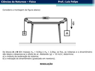Ciências da Natureza – Física Prof.: Luiz Felipe
Considere a montagem da figura abaixo:
Os blocos A e B têm massas mA = 8,0kg e mB = 2,0kg; os fios, as roldanas e o dinamômetro
são ideais e despreza-se o efeito do ar. Adotando |g| = 10 m/s2, determine:
a) o módulo da aceleração do sistema;
b) a indicação do dinamômetro (graduado em newtons).
RESOLUÇÃO
 