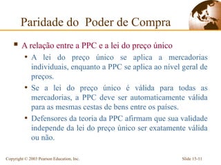 Paridade do Poder de Compra
     A relação entre a PPC e a lei do preço único
          • A lei do preço único se aplica a mercadorias
            individuais, enquanto a PPC se aplica ao nível geral de
            preços.
          • Se a lei do preço único é válida para todas as
            mercadorias, a PPC deve ser automaticamente válida
            para as mesmas cestas de bens entre os países.
          • Defensores da teoria da PPC afirmam que sua validade
            independe da lei do preço único ser exatamente válida
            ou não.

Copyright © 2003 Pearson Education, Inc.                   Slide 15-11
 