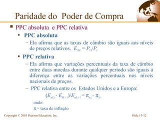 Paridade do Poder de Compra
     PPC absoluta                 e PPC relativa
          • PPC absoluta
                – Ela afirma que as taxas de câmbio são iguais aos níveis
                  de preços relativos. EUS/€ = PUS/P€
          • PPC relativa
                – Ela afirma que variações percentuais da taxa de câmbio
                  entre duas moedas durante qualquer período são iguais à
                  diferença entre as variações percentuais nos níveis
                  nacionais de preços.
                – PPC relativa entre os Estados Unidos e a Europa:
                          (Eus/€,t - E$/€, t –1)/Eus/€, t –1 = πus, t - π €, t
                      onde:
                      πt = taxa de inflação
Copyright © 2003 Pearson Education, Inc.                           Slide 15-12
 