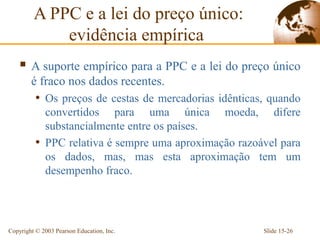 A PPC e a lei do preço único:
             evidência empírica
     A suporte empírico para a PPC e a lei do preço único
        é fraco nos dados recentes.
          • Os preços de cestas de mercadorias idênticas, quando
            convertidos para uma única moeda, difere
            substancialmente entre os países.
          • PPC relativa é sempre uma aproximação razoável para
            os dados, mas, mas esta aproximação tem um
            desempenho fraco.




Copyright © 2003 Pearson Education, Inc.                Slide 15-26
 