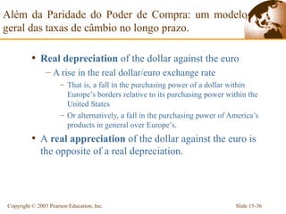 Além da Paridade do Poder de Compra: um modelo
geral das taxas de câmbio no longo prazo.

          • Real depreciation of the dollar against the euro
                – A rise in the real dollar/euro exchange rate
                      – That is, a fall in the purchasing power of a dollar within
                        Europe’s borders relative to its purchasing power within the
                        United States
                      – Or alternatively, a fall in the purchasing power of America’s
                        products in general over Europe’s.
          • A real appreciation of the dollar against the euro is
             the opposite of a real depreciation.




Copyright © 2003 Pearson Education, Inc.                                     Slide 15-36
 