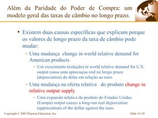 Além da Paridade do Poder de Compra: um
  modelo geral das taxas de câmbio no longo prazo.

          • Existem duas causas específicas que explicam porque
             os valores de longo prazo da taxa de câmbio pode
             mudar:
                – Uma mudança change in world relative demand for
                  American products
                      – Um crescimento (redução) in world relative demand for U.S.
                        output causa uma apreciaçao real no longo prazo
                        (depreciation) do dólar em relação ao euro.
                – Uma mudança na oferta relativa do produto change in
                  relative output supply
                      – Uma expansão relativa do produto do Estados Unidos
                        (Europa) output causes a long-run real depreciation
                        (appreciation) of the dollar against the euro.
Copyright © 2003 Pearson Education, Inc.                                  Slide 15-38
 